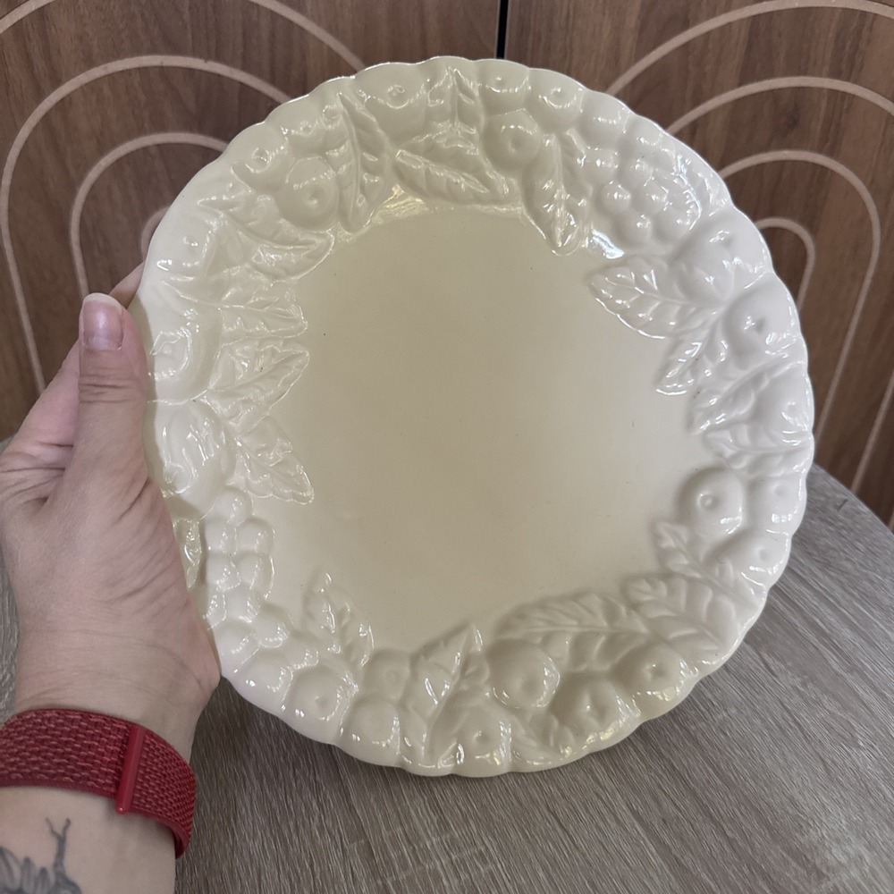 Claire Burke Pottery ~ Ivory Dinner Pie Plate Serving Dish ~ Raised Fruit Design